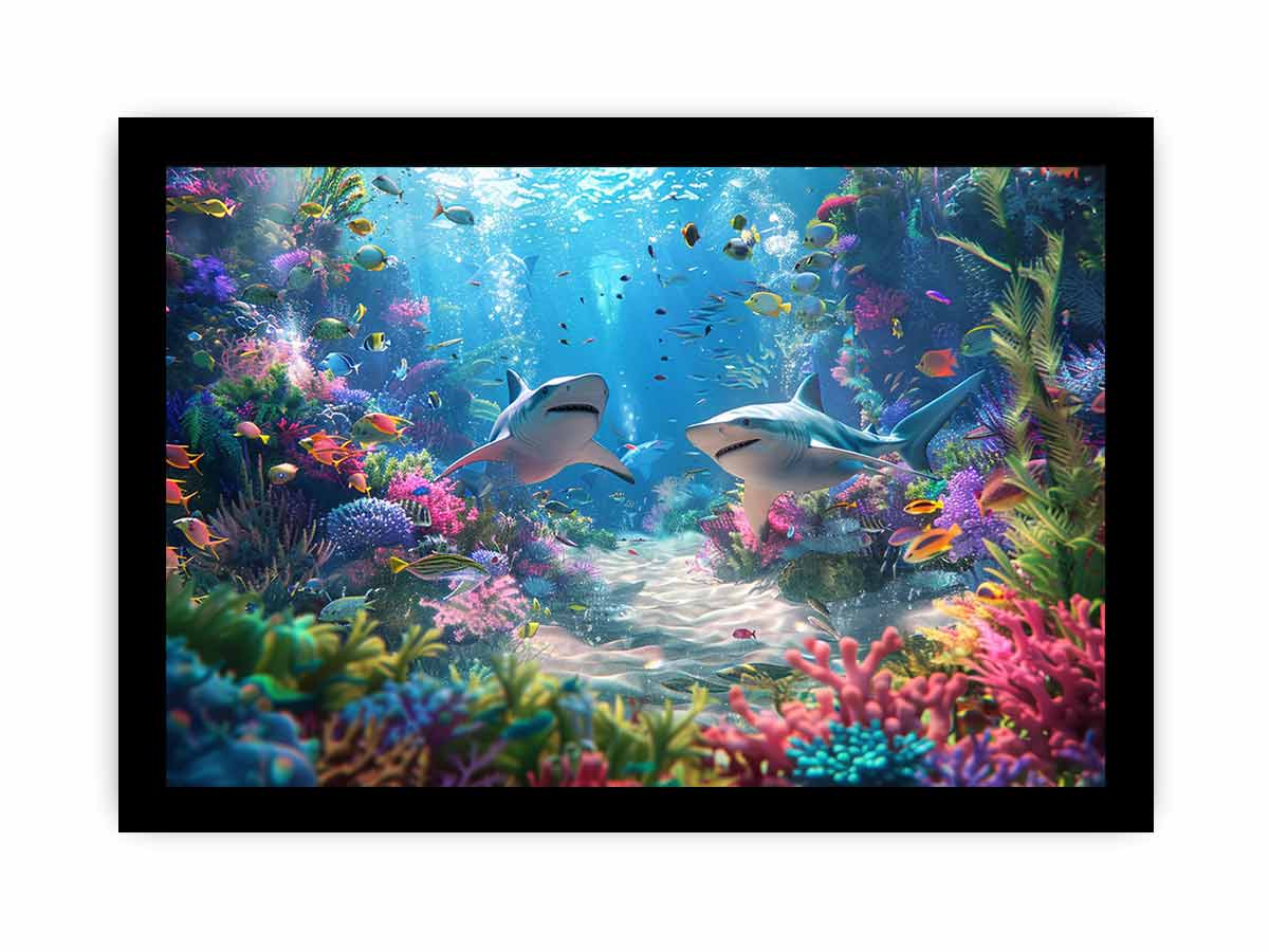 Underwater Sharks  Canvas Painting Art Print-7
