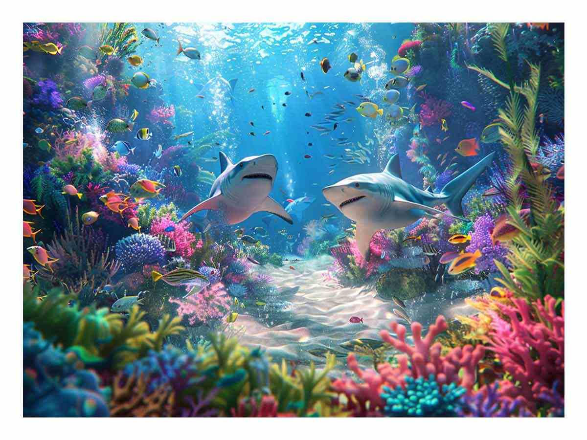 Underwater Sharks  Canvas Painting Art Print-0
