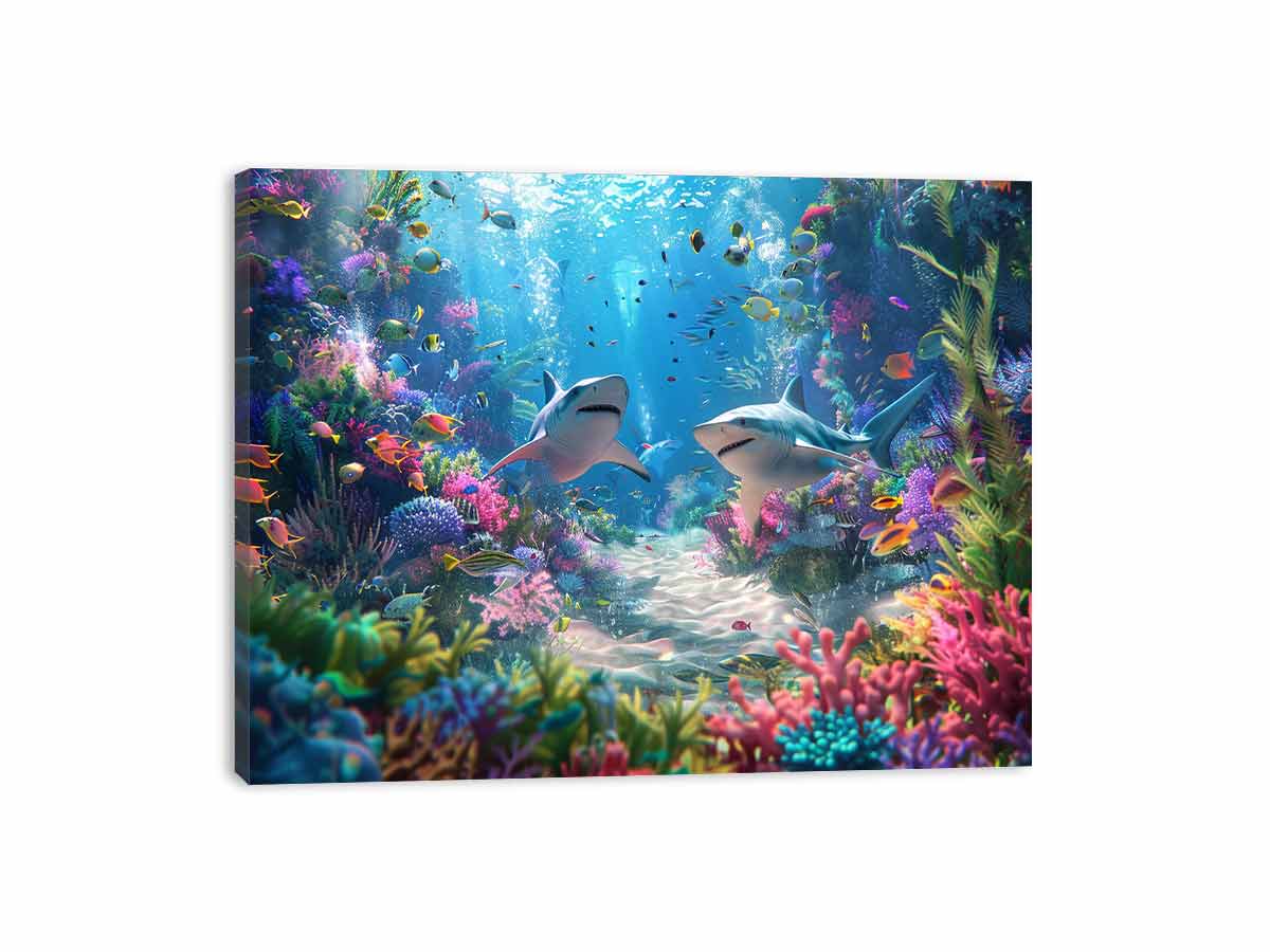 Underwater Sharks  Canvas Painting Art Print-3