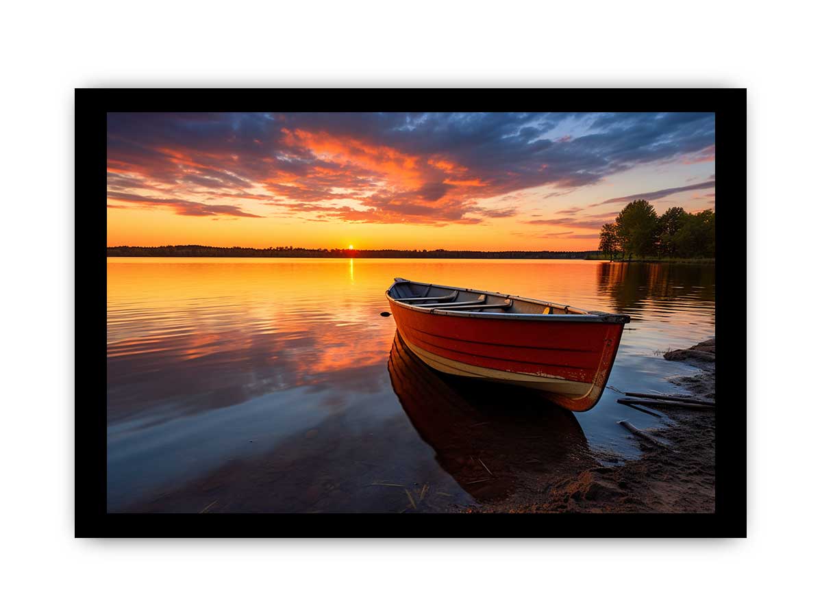 Calm  Sea With Boat At Sunset Canvas Painting-7
