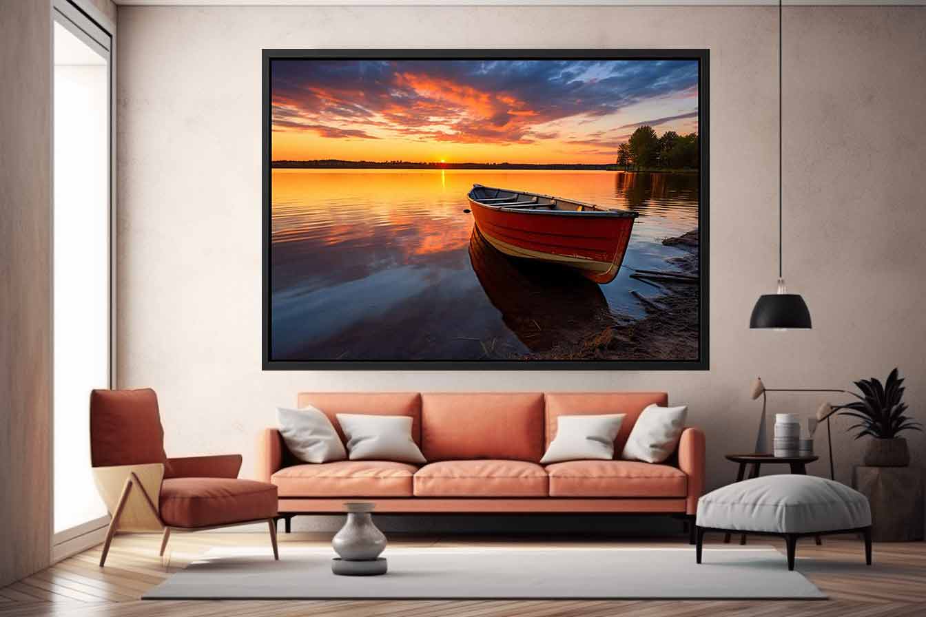 Calm  Sea With Boat At Sunset Canvas Painting-1