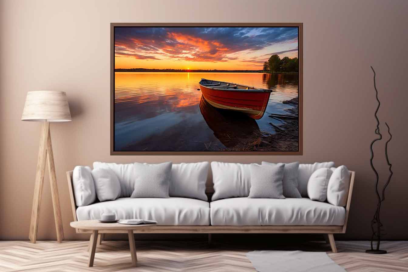 Calm  Sea With Boat At Sunset Canvas Painting-2