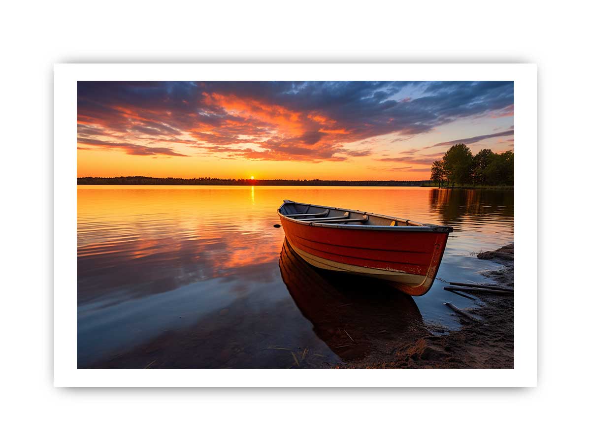 Calm  Sea With Boat At Sunset Canvas Painting-8