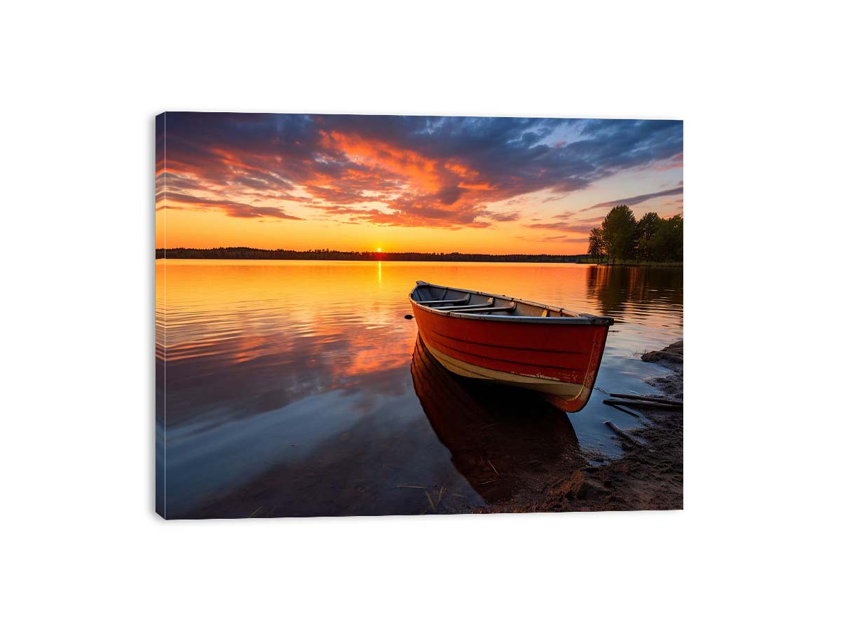 Calm  Sea With Boat At Sunset Canvas Painting-3