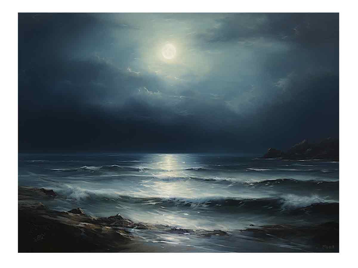 Moon & beach  Canvas painting & Art Print-0
