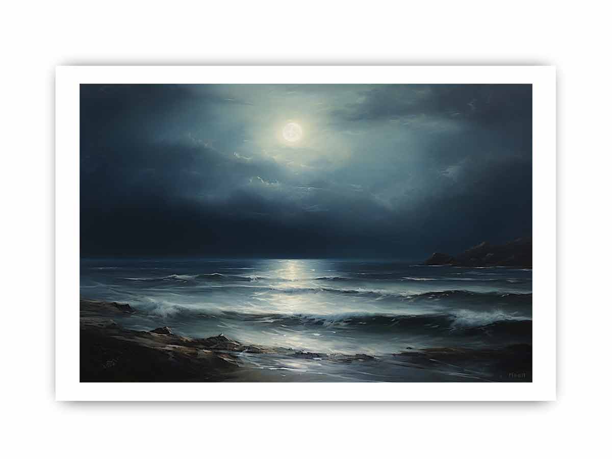 Moon & beach  Canvas painting & Art Print-8