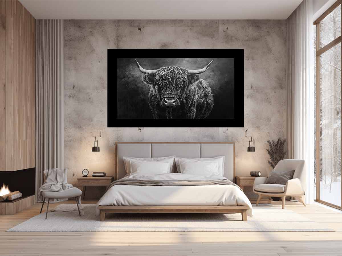 Highland Cow Black & white Canvas Art Print-1
