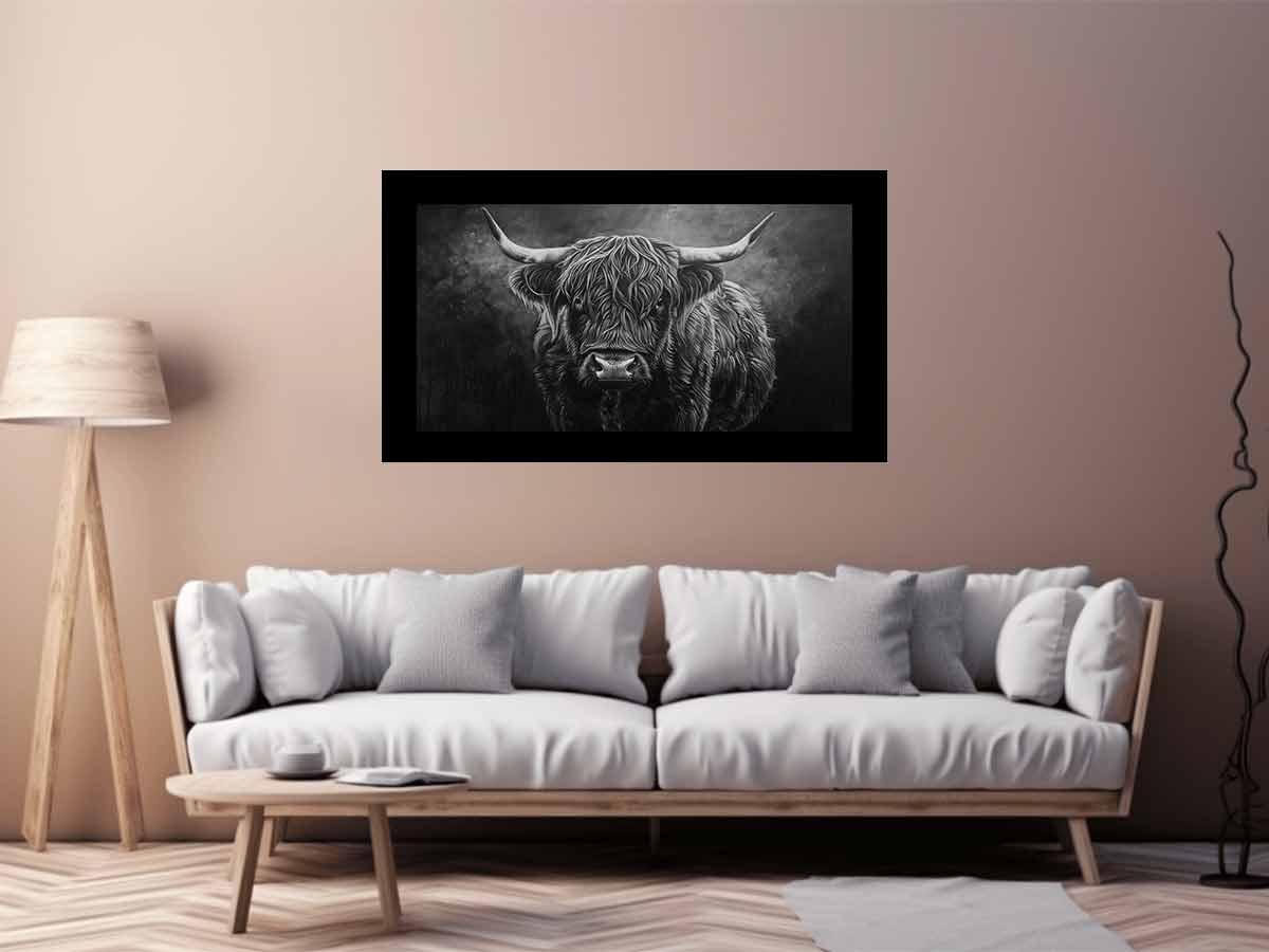 Highland Cow Black & white Canvas Art Print-2