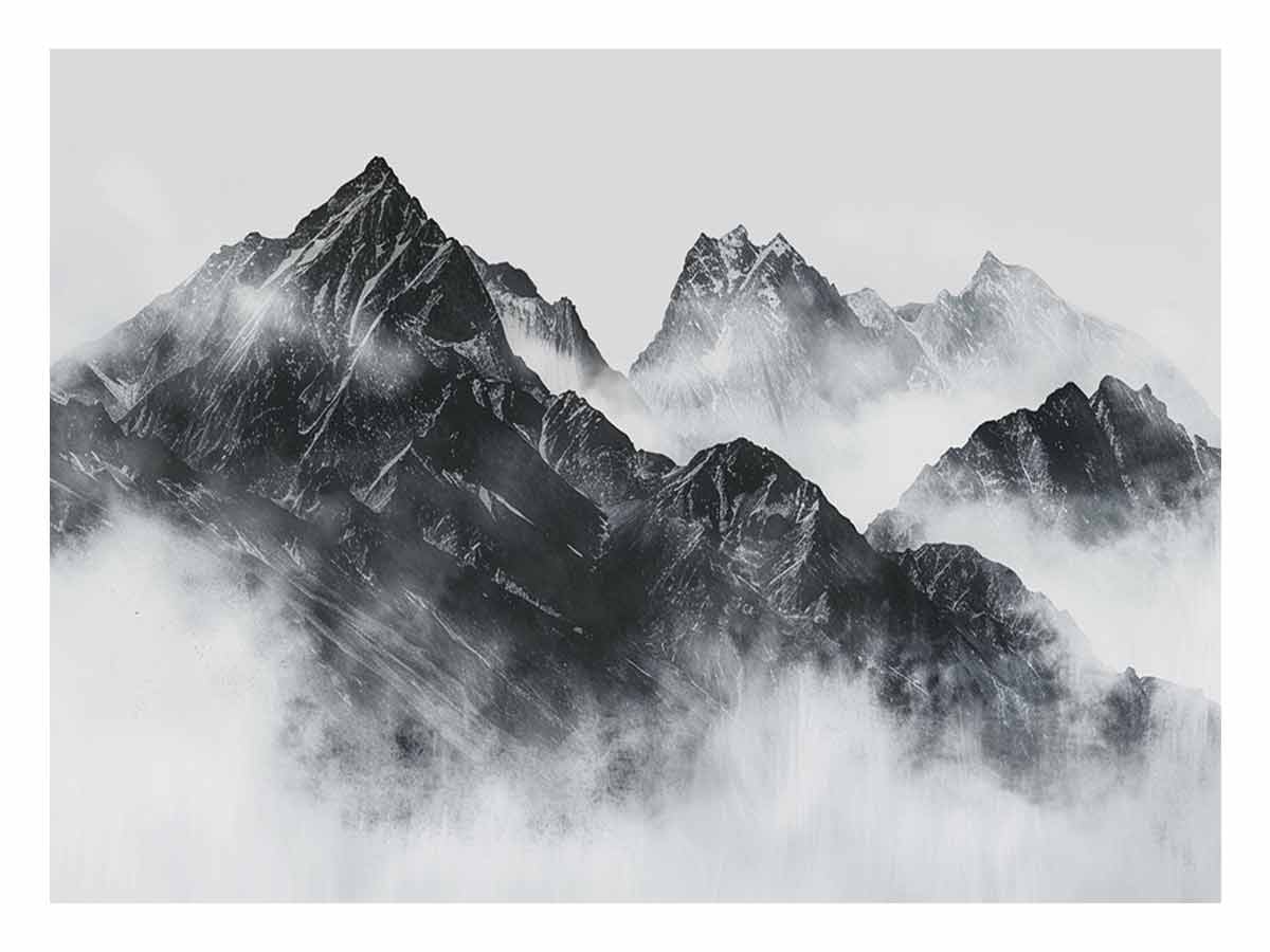 black and white Foggy Mountain Canvas Art Print-0