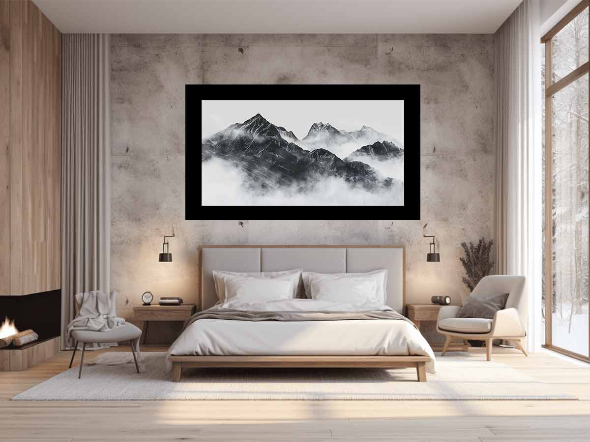 black and white Foggy Mountain Canvas Art Print-1