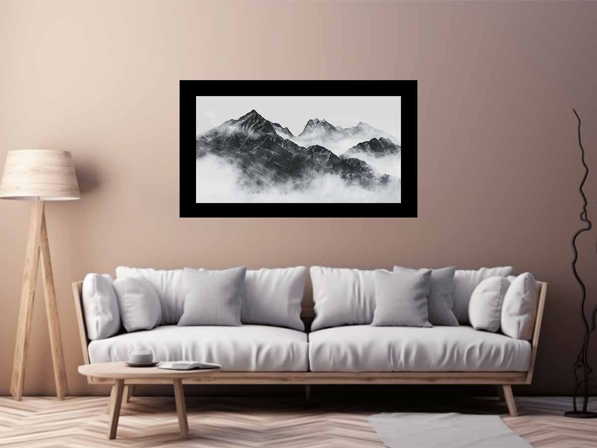 black and white Foggy Mountain Canvas Art Print-2