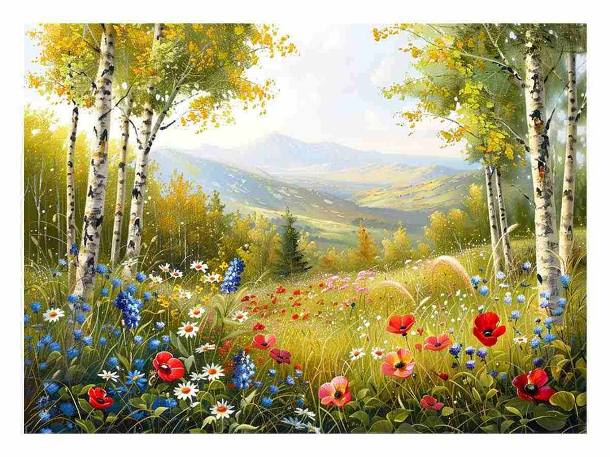 Beauitful Landscape  Wild flowers Painting Canvas Art Print-0