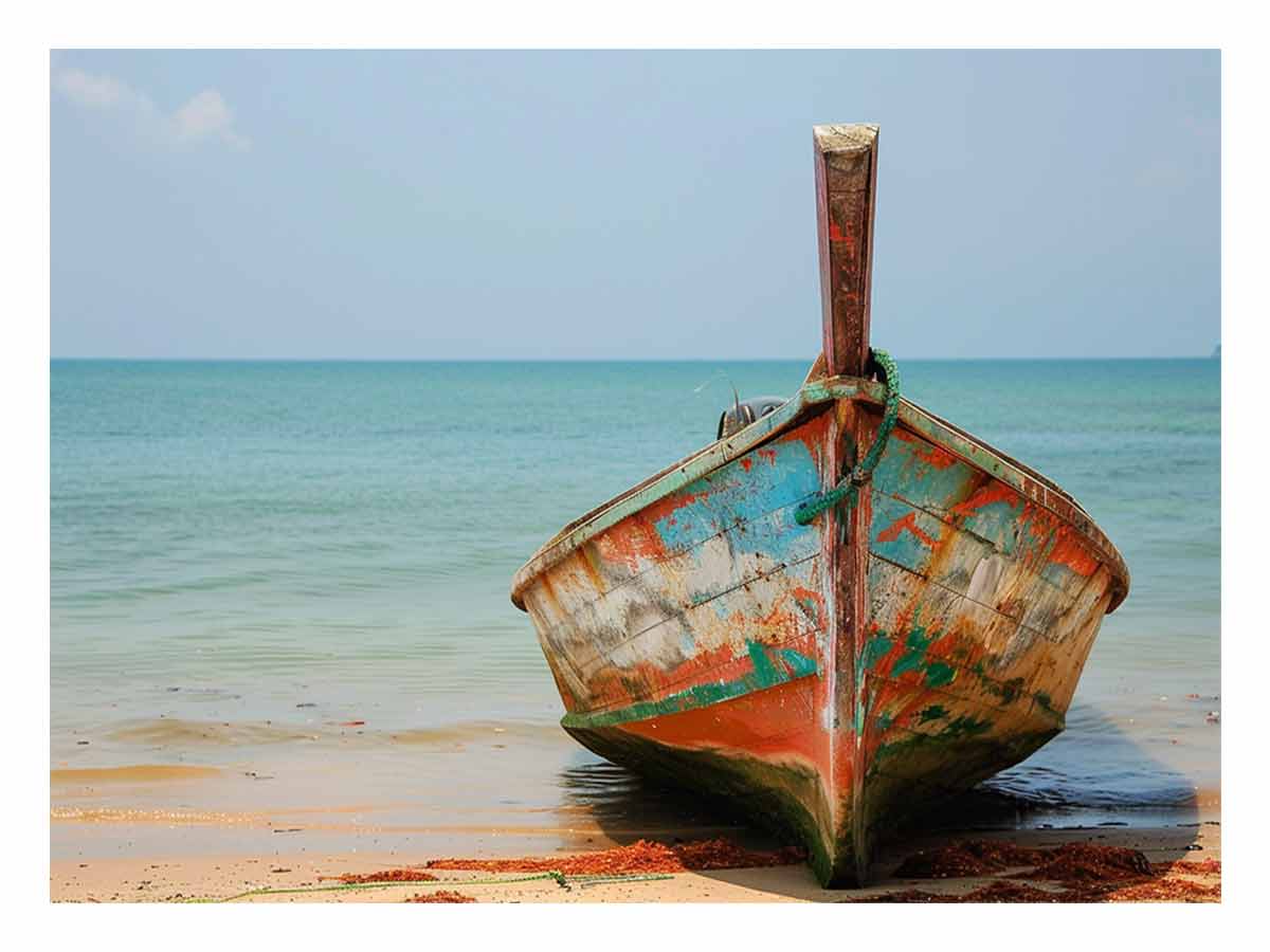 Boat On Shore Canvas Painting Print-0