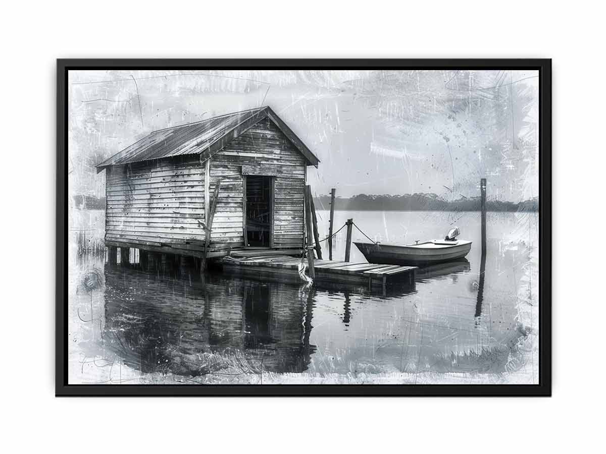 Fishing Shack  balck & white  Canvas Art Print-4