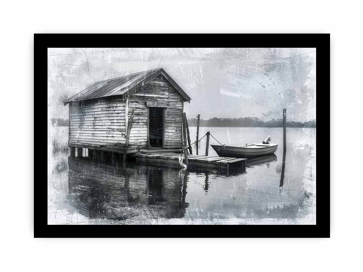 Fishing Shack  balck & white  Canvas Art Print-7