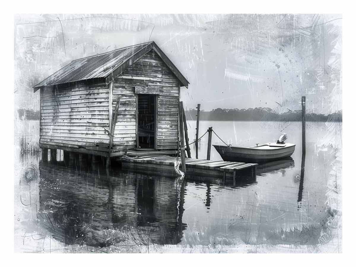 Fishing Shack  balck & white  Canvas Art Print-0