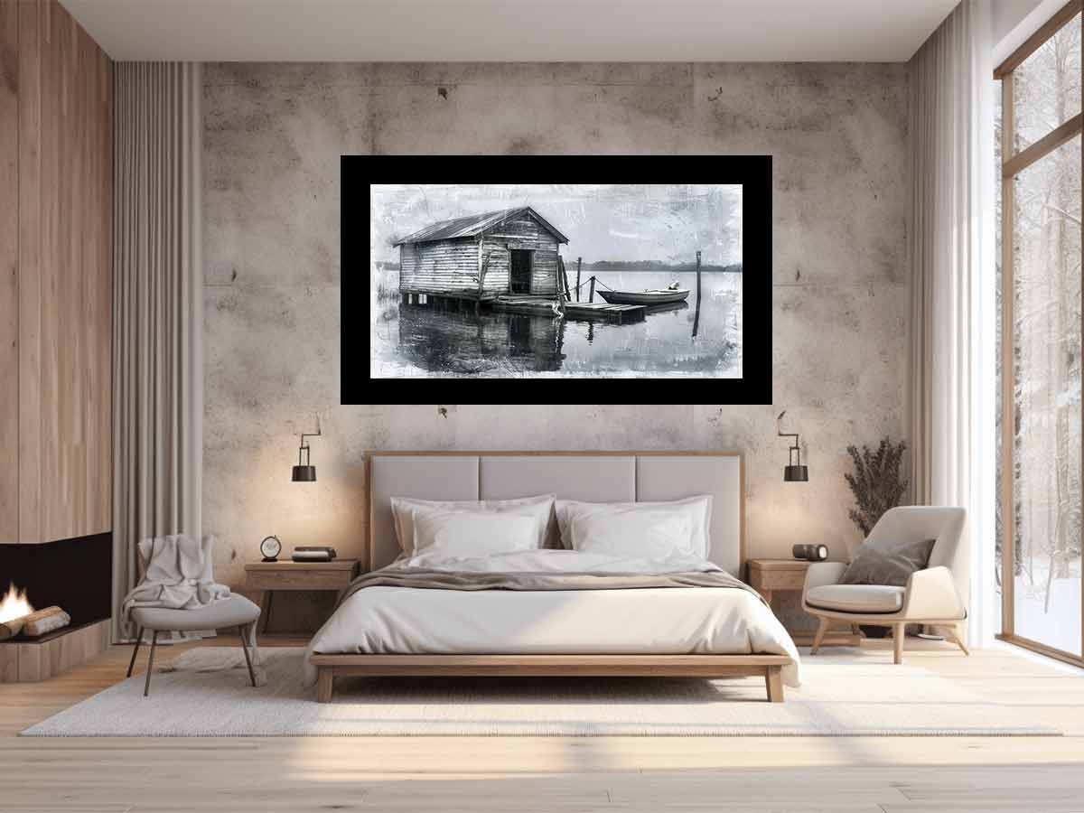 Fishing Shack  balck & white  Canvas Art Print-1