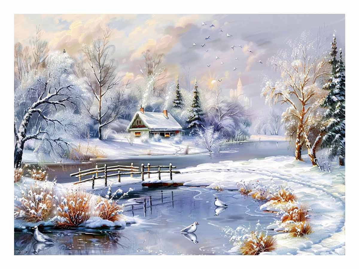 Winter Landscape  Snow Painting Canvas Art Print-0