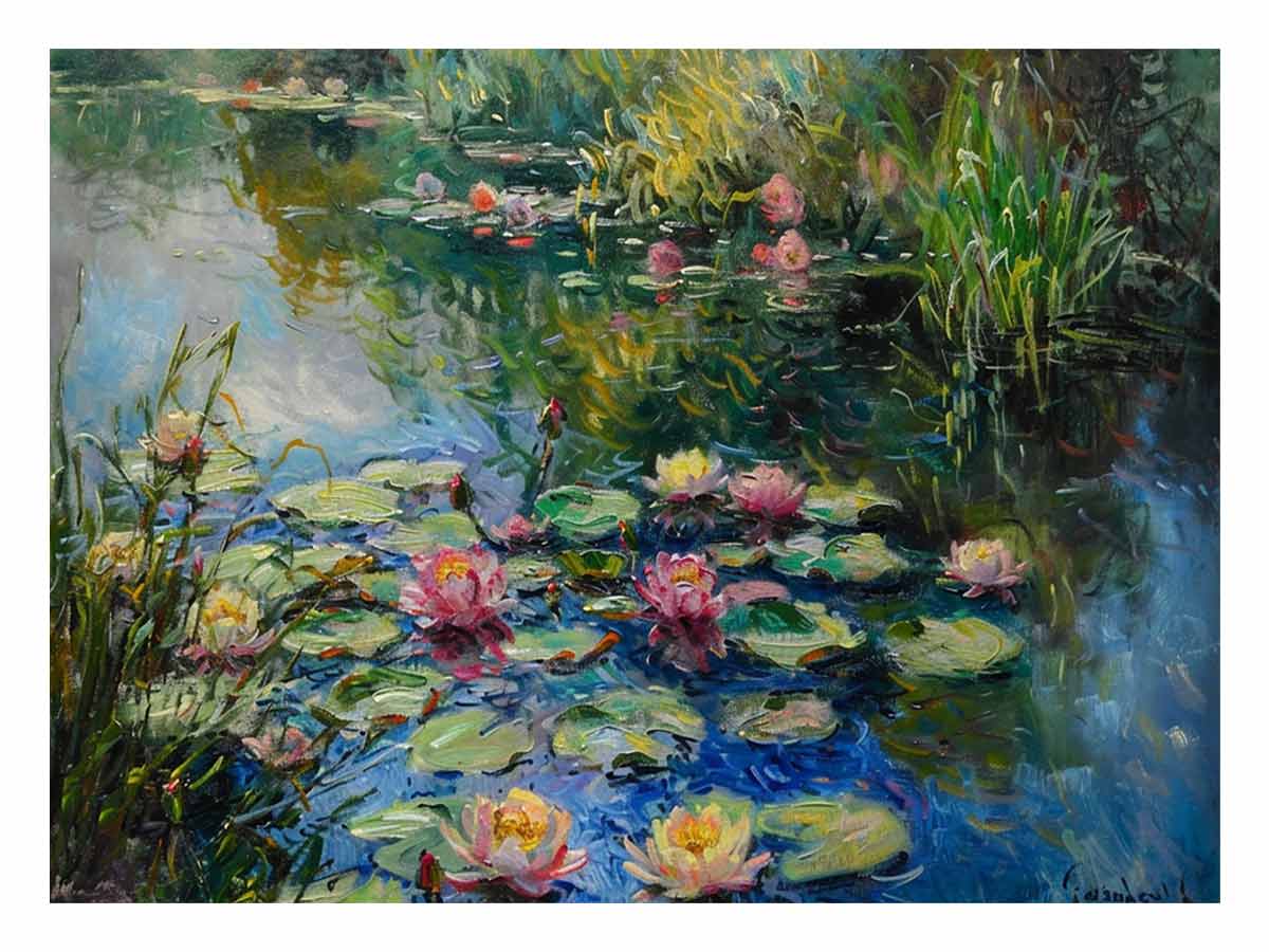 Lily Flowers In Lake  Canvas Painting Print-0