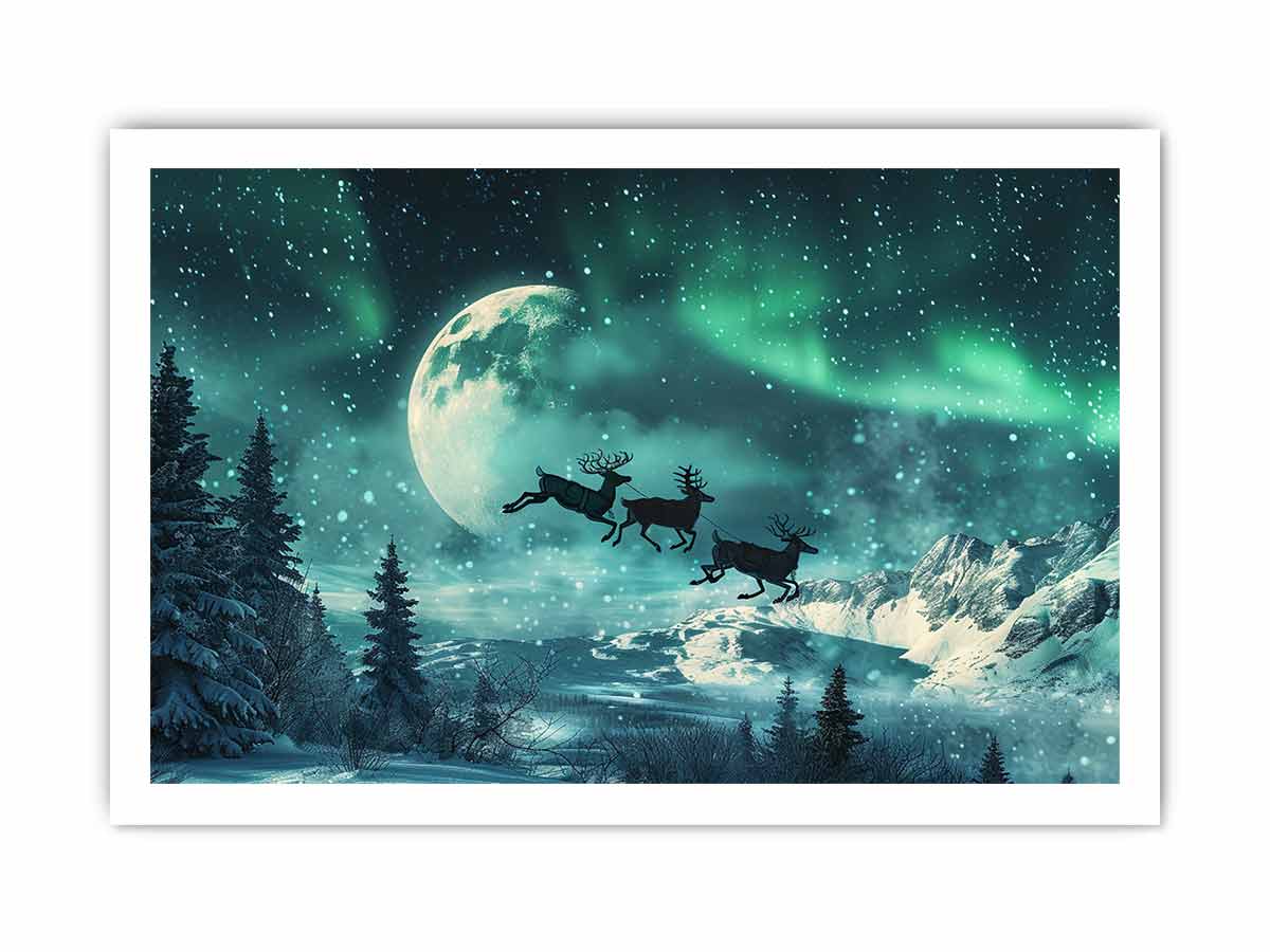 Flying Reindeer Northern lights Canvas Painting Print-8