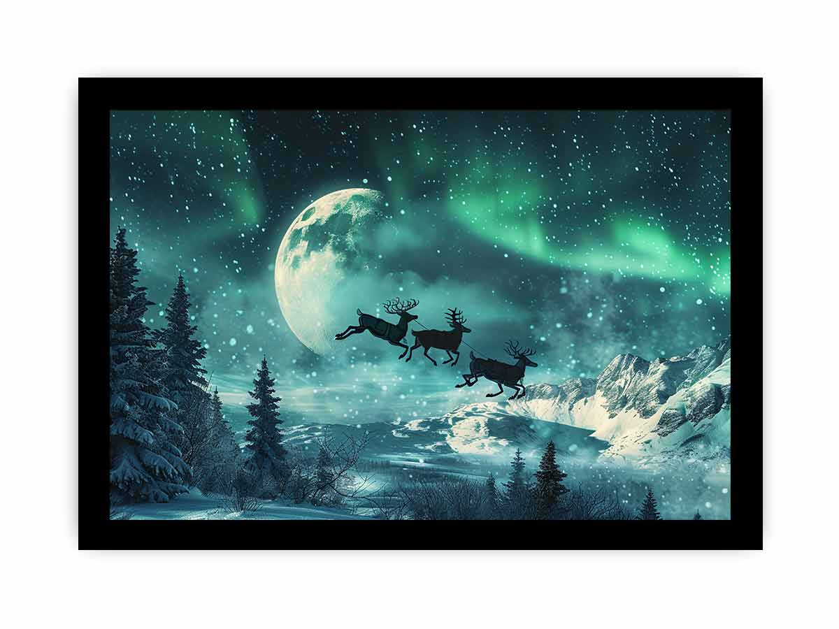 Flying Reindeer Northern lights Canvas Painting Print-7