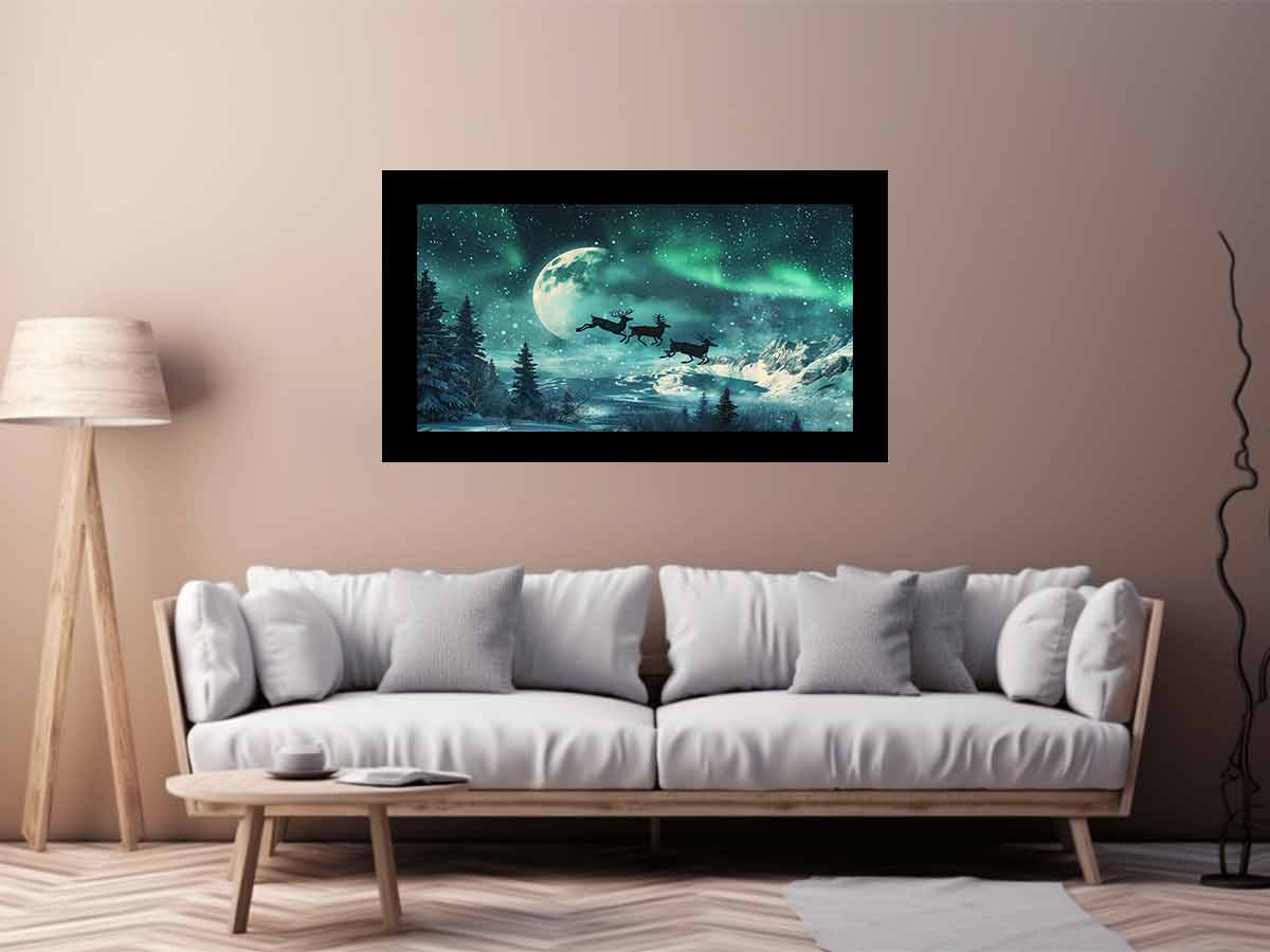 Flying Reindeer Northern lights Canvas Painting Print-2