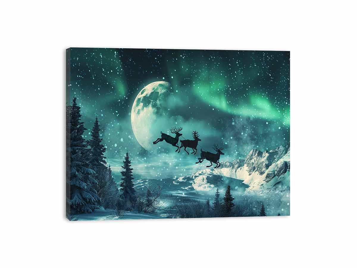 Flying Reindeer Northern lights Canvas Painting Print-3