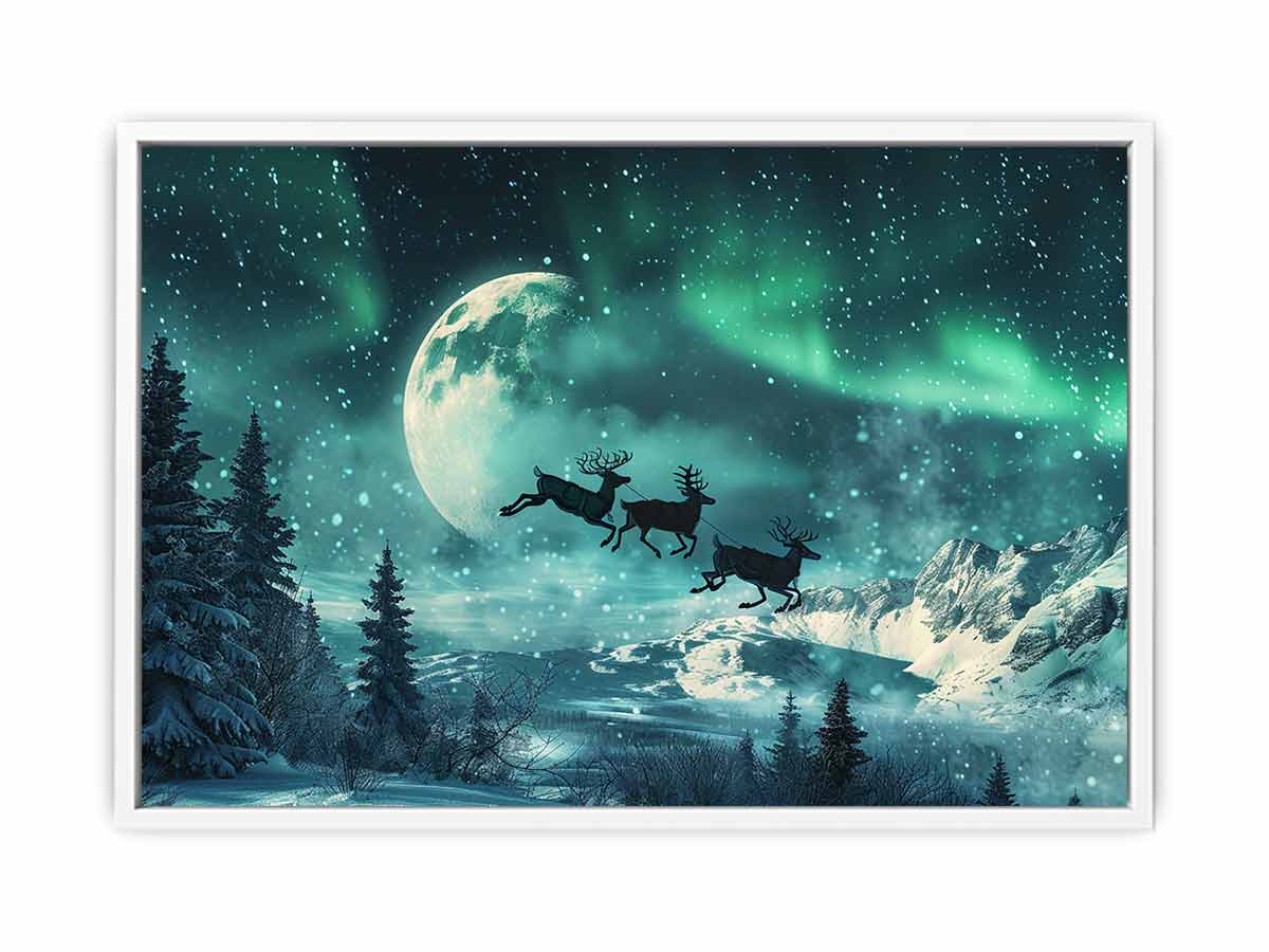 Flying Reindeer Northern lights Canvas Painting Print-5
