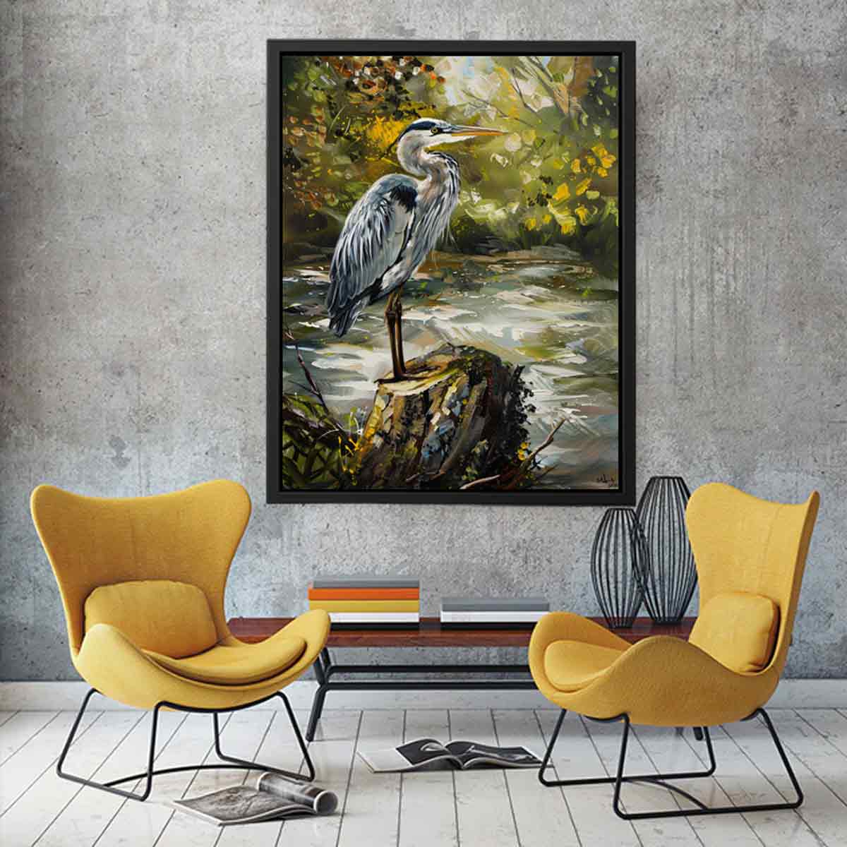 Grey Heron Canvas Painting Print-2