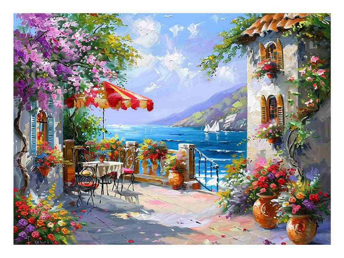 Italian Beachside Cafe Canvas Art Print-0