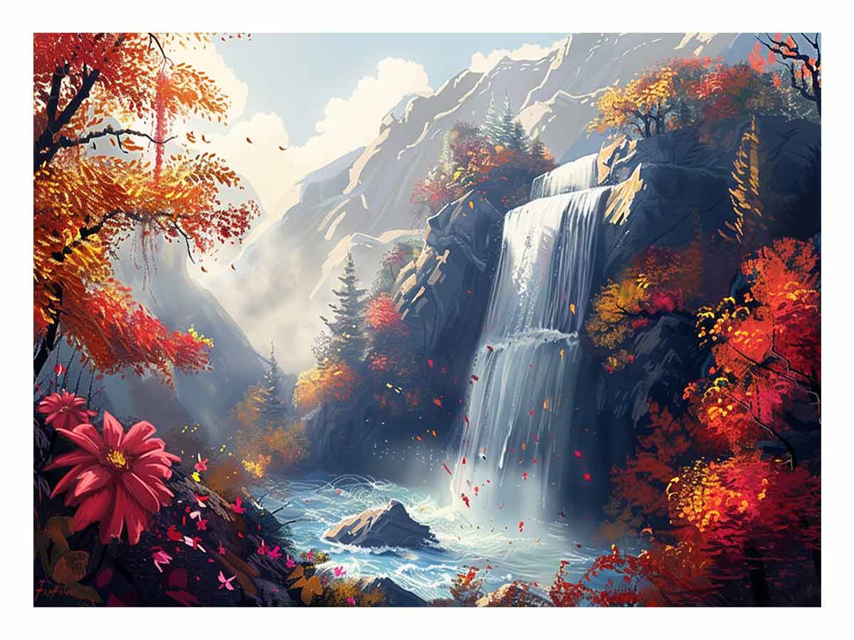 Autumn Waterfall Canvas Painting-0