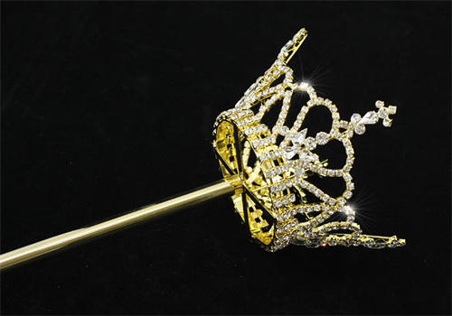 Gold Plated Unisex Scepter Crystal Pageant Party King Queen Crown Wand V6005-0